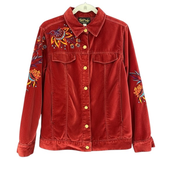 Bob Mackie Jackets & Blazers - Bob Mackie Wearable Art Red Embroidered Floral Trucker Jacket Womens S Oversized